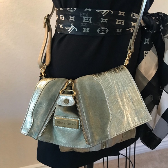 ♦️90%OFF! JIMMY CHOO Metallic Gold SNAKE/LEATHER EXPANDABLE CLUTCH - Picture 3 of 8